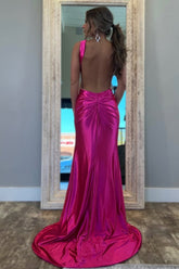 Stylish Mermaid Fuchsia Long Open Back Metallic Prom Dress with Slit